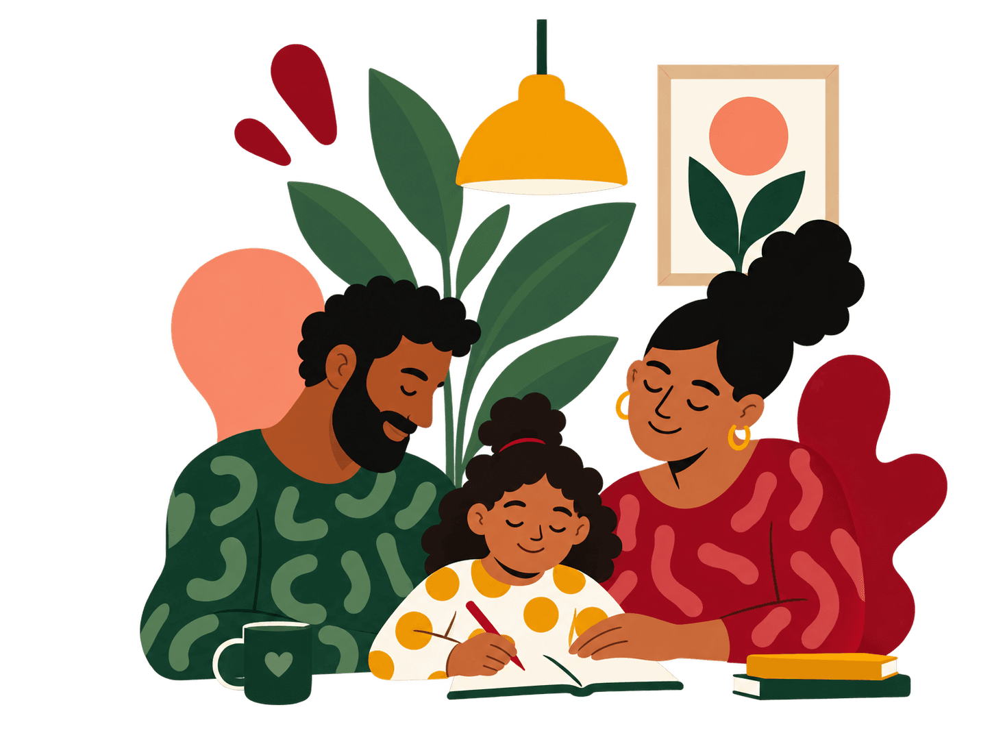 A parent, a child, and a caregiver sharing a table at home.